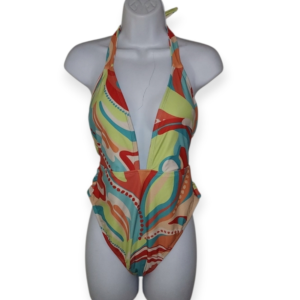 Jessica Simpson Deep Plunge One Piece Swimsuit Colourful  Beach Resort Women's